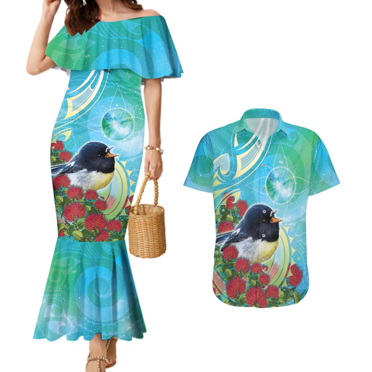 New Zealand Tomtit Couples Matching Mermaid Dress and Hawaiian Shirt Maori Koru With Pohutukawa Galaxy Style LT05 Aqua - Polynesian Pride