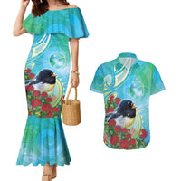 New Zealand Tomtit Couples Matching Mermaid Dress and Hawaiian Shirt Maori Koru With Pohutukawa Galaxy Style LT05 Aqua - Polynesian Pride