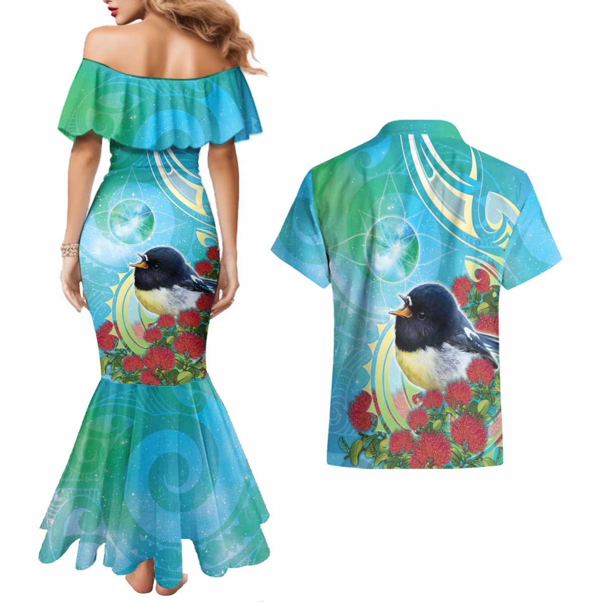 New Zealand Tomtit Couples Matching Mermaid Dress and Hawaiian Shirt Maori Koru With Pohutukawa Galaxy Style LT05 - Polynesian Pride