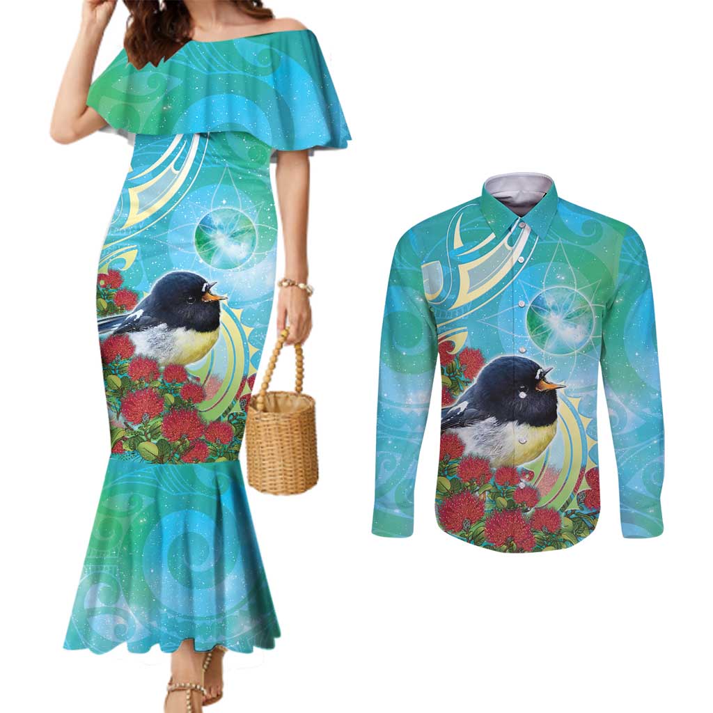 New Zealand Tomtit Couples Matching Mermaid Dress and Long Sleeve Button Shirt Maori Koru With Pohutukawa Galaxy Style LT05 Aqua - Polynesian Pride