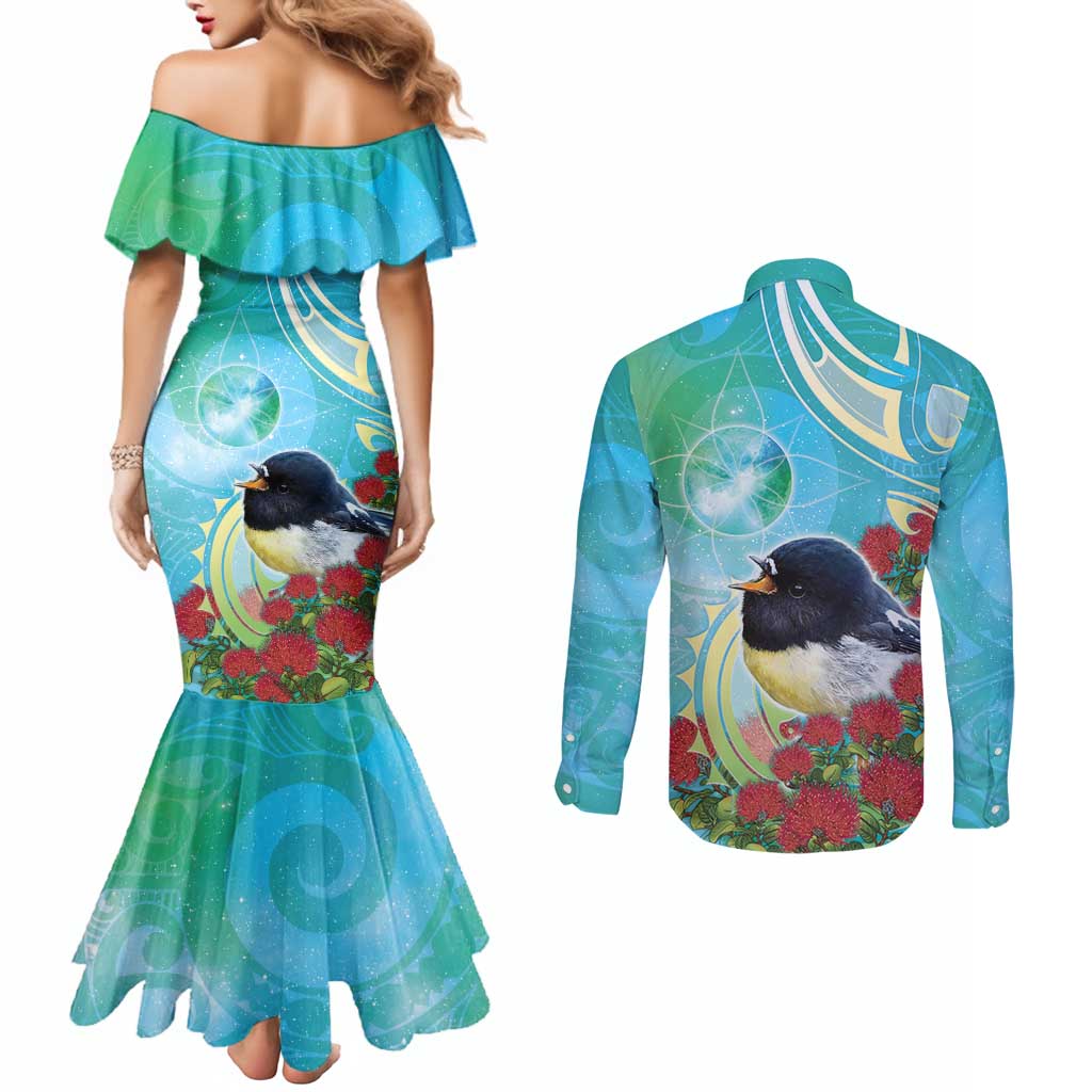 New Zealand Tomtit Couples Matching Mermaid Dress and Long Sleeve Button Shirt Maori Koru With Pohutukawa Galaxy Style LT05 - Polynesian Pride