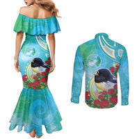 New Zealand Tomtit Couples Matching Mermaid Dress and Long Sleeve Button Shirt Maori Koru With Pohutukawa Galaxy Style LT05 - Polynesian Pride