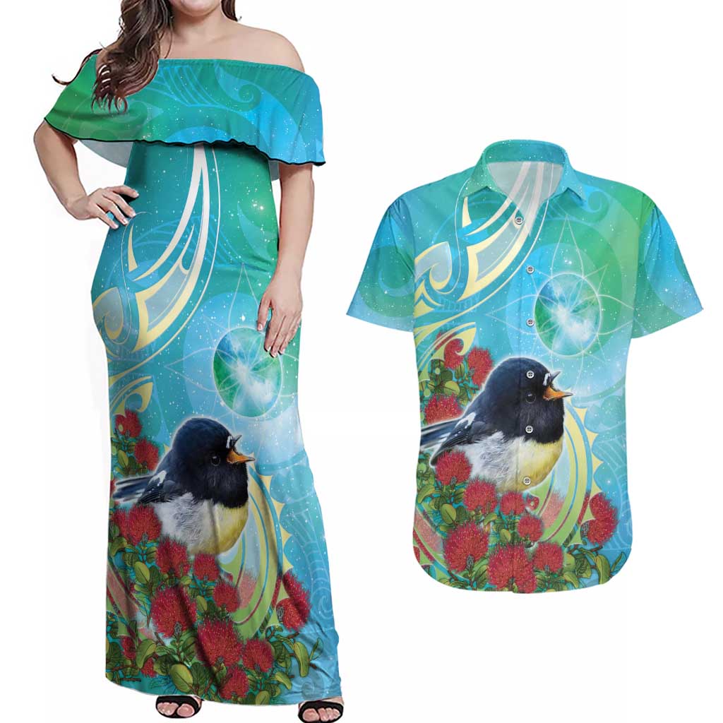 New Zealand Tomtit Couples Matching Off Shoulder Maxi Dress and Hawaiian Shirt Maori Koru With Pohutukawa Galaxy Style LT05 Aqua - Polynesian Pride