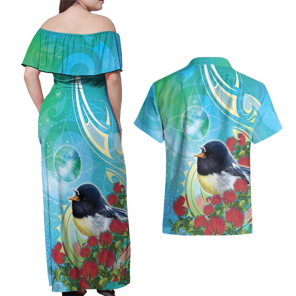 New Zealand Tomtit Couples Matching Off Shoulder Maxi Dress and Hawaiian Shirt Maori Koru With Pohutukawa Galaxy Style LT05 - Polynesian Pride