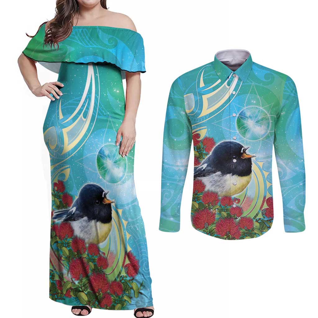 New Zealand Tomtit Couples Matching Off Shoulder Maxi Dress and Long Sleeve Button Shirt Maori Koru With Pohutukawa Galaxy Style LT05 Aqua - Polynesian Pride