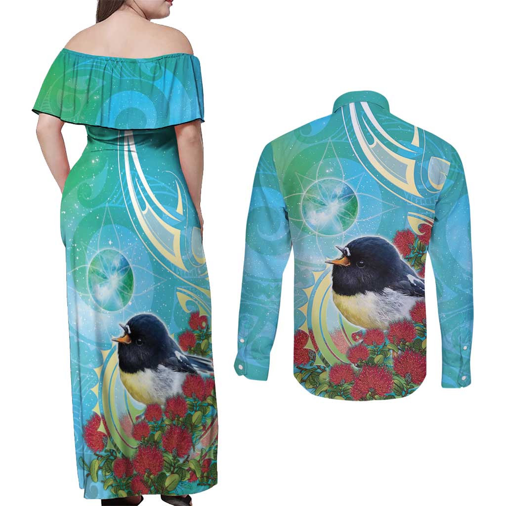 New Zealand Tomtit Couples Matching Off Shoulder Maxi Dress and Long Sleeve Button Shirt Maori Koru With Pohutukawa Galaxy Style LT05 - Polynesian Pride