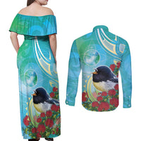 New Zealand Tomtit Couples Matching Off Shoulder Maxi Dress and Long Sleeve Button Shirt Maori Koru With Pohutukawa Galaxy Style LT05 - Polynesian Pride