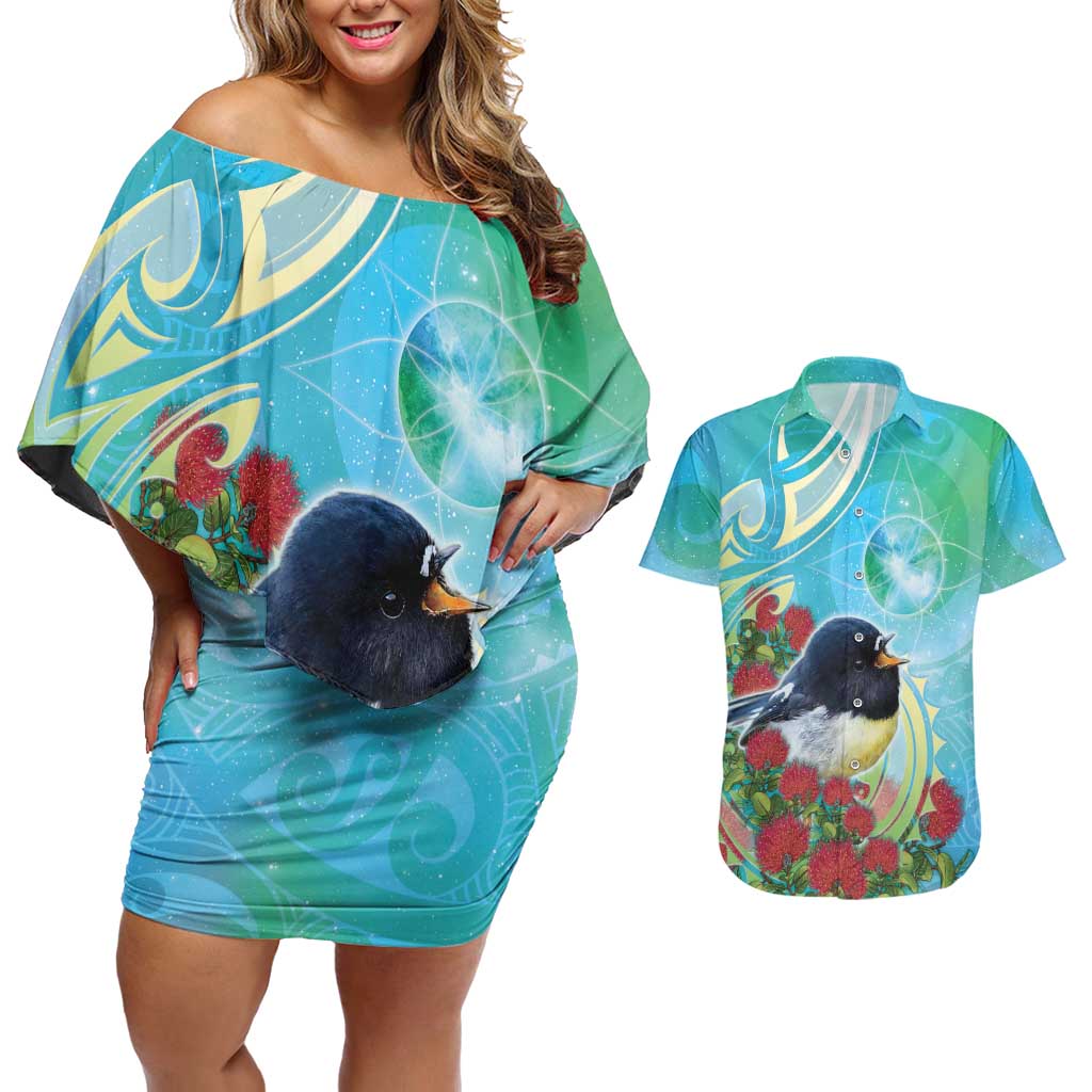 New Zealand Tomtit Couples Matching Off Shoulder Short Dress and Hawaiian Shirt Maori Koru With Pohutukawa Galaxy Style LT05 Aqua - Polynesian Pride