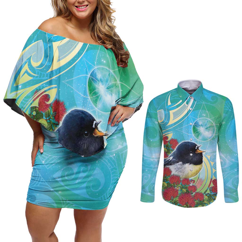 New Zealand Tomtit Couples Matching Off Shoulder Short Dress and Long Sleeve Button Shirt Maori Koru With Pohutukawa Galaxy Style LT05 Aqua - Polynesian Pride