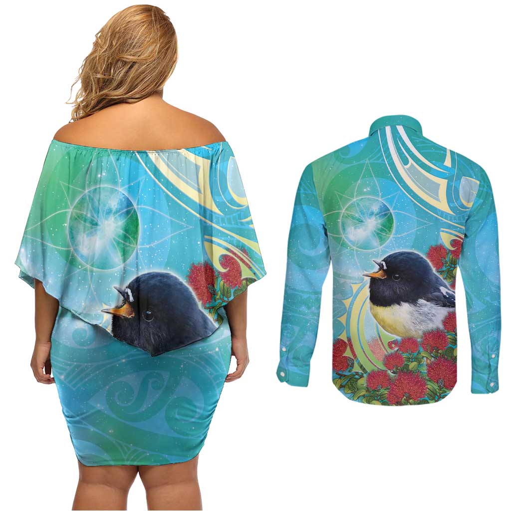 New Zealand Tomtit Couples Matching Off Shoulder Short Dress and Long Sleeve Button Shirt Maori Koru With Pohutukawa Galaxy Style LT05 - Polynesian Pride