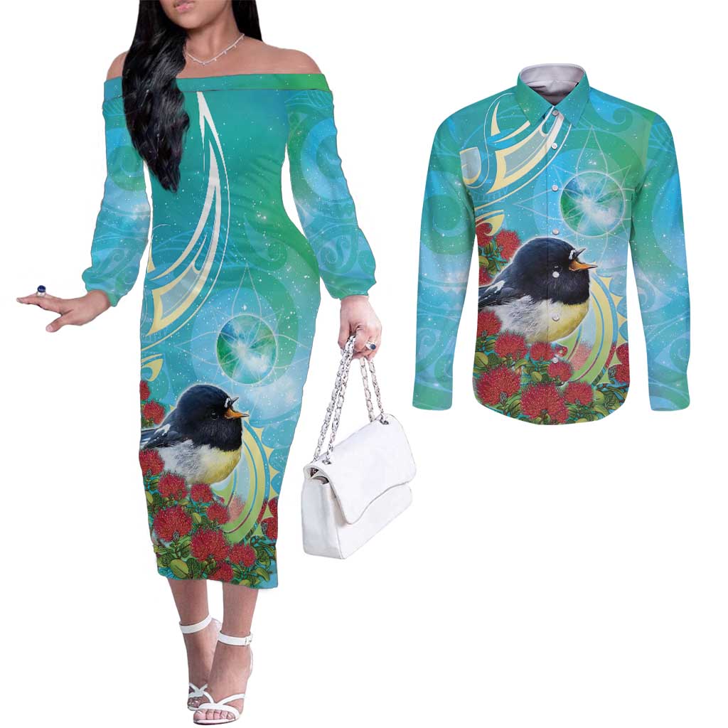 New Zealand Tomtit Couples Matching Off The Shoulder Long Sleeve Dress and Long Sleeve Button Shirt Maori Koru With Pohutukawa Galaxy Style LT05 Aqua - Polynesian Pride