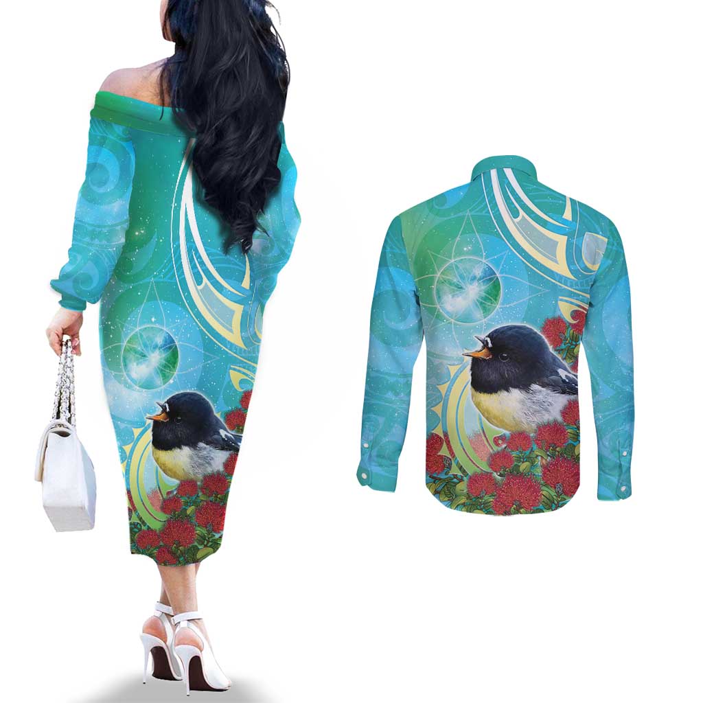New Zealand Tomtit Couples Matching Off The Shoulder Long Sleeve Dress and Long Sleeve Button Shirt Maori Koru With Pohutukawa Galaxy Style LT05 - Polynesian Pride