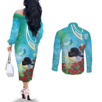 New Zealand Tomtit Couples Matching Off The Shoulder Long Sleeve Dress and Long Sleeve Button Shirt Maori Koru With Pohutukawa Galaxy Style LT05 - Polynesian Pride