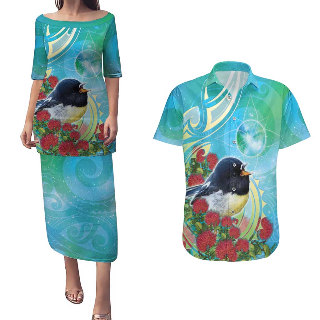 New Zealand Tomtit Couples Matching Puletasi and Hawaiian Shirt Maori Koru With Pohutukawa Galaxy Style LT05 Aqua - Polynesian Pride