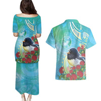 New Zealand Tomtit Couples Matching Puletasi and Hawaiian Shirt Maori Koru With Pohutukawa Galaxy Style LT05 - Polynesian Pride