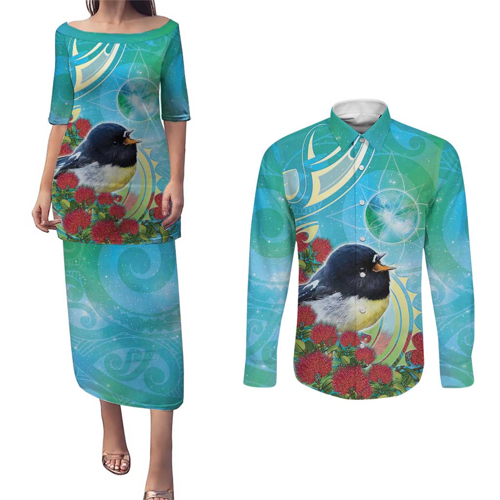 New Zealand Tomtit Couples Matching Puletasi and Long Sleeve Button Shirt Maori Koru With Pohutukawa Galaxy Style LT05 Aqua - Polynesian Pride