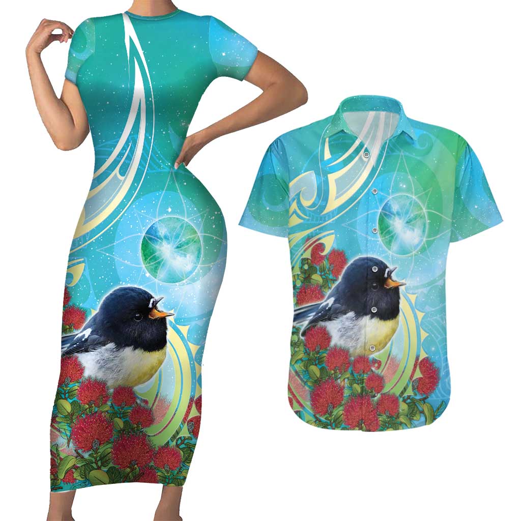 New Zealand Tomtit Couples Matching Short Sleeve Bodycon Dress and Hawaiian Shirt Maori Koru With Pohutukawa Galaxy Style LT05 Aqua - Polynesian Pride