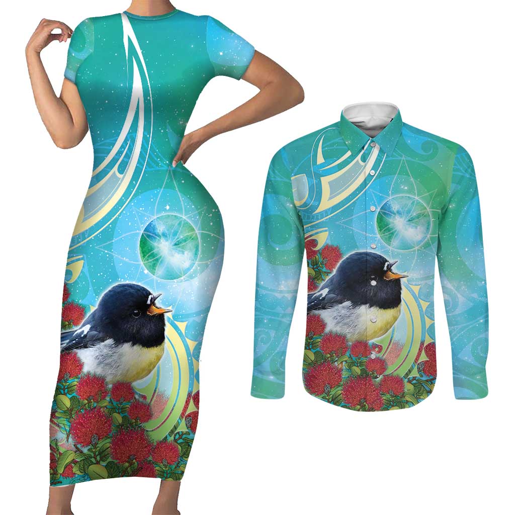 New Zealand Tomtit Couples Matching Short Sleeve Bodycon Dress and Long Sleeve Button Shirt Maori Koru With Pohutukawa Galaxy Style LT05 Aqua - Polynesian Pride