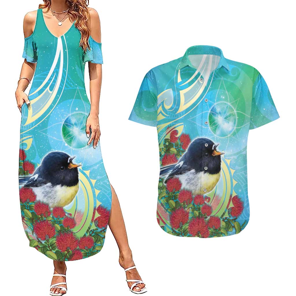 New Zealand Tomtit Couples Matching Summer Maxi Dress and Hawaiian Shirt Maori Koru With Pohutukawa Galaxy Style LT05 Aqua - Polynesian Pride