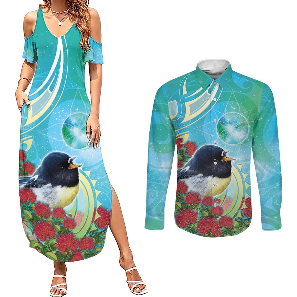 New Zealand Tomtit Couples Matching Summer Maxi Dress and Long Sleeve Button Shirt Maori Koru With Pohutukawa Galaxy Style LT05 Aqua - Polynesian Pride