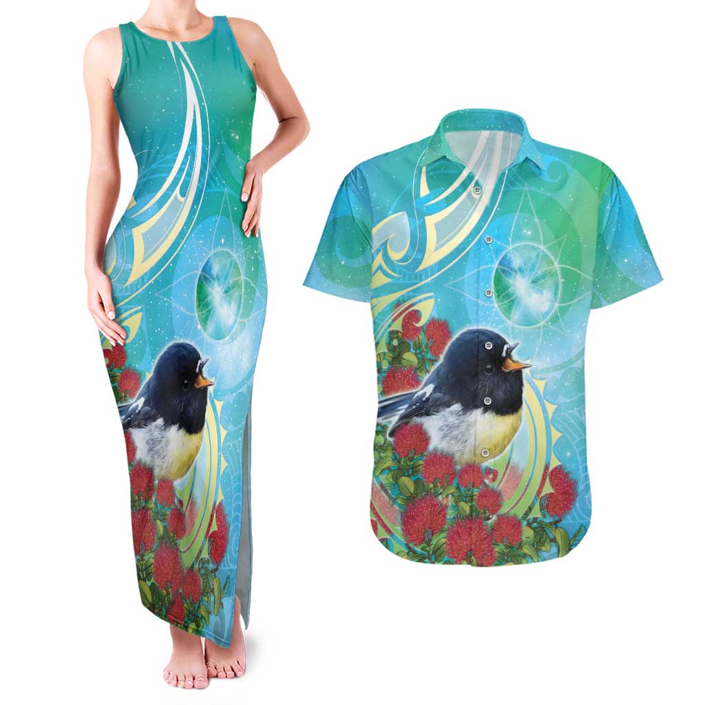 New Zealand Tomtit Couples Matching Tank Maxi Dress and Hawaiian Shirt Maori Koru With Pohutukawa Galaxy Style LT05 Aqua - Polynesian Pride