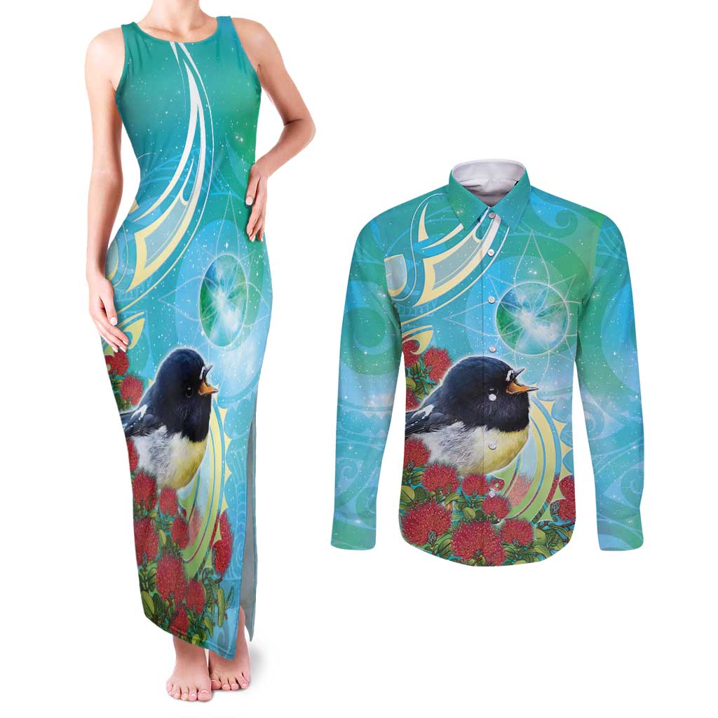 New Zealand Tomtit Couples Matching Tank Maxi Dress and Long Sleeve Button Shirt Maori Koru With Pohutukawa Galaxy Style LT05 Aqua - Polynesian Pride