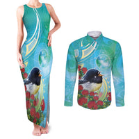 New Zealand Tomtit Couples Matching Tank Maxi Dress and Long Sleeve Button Shirt Maori Koru With Pohutukawa Galaxy Style LT05 Aqua - Polynesian Pride
