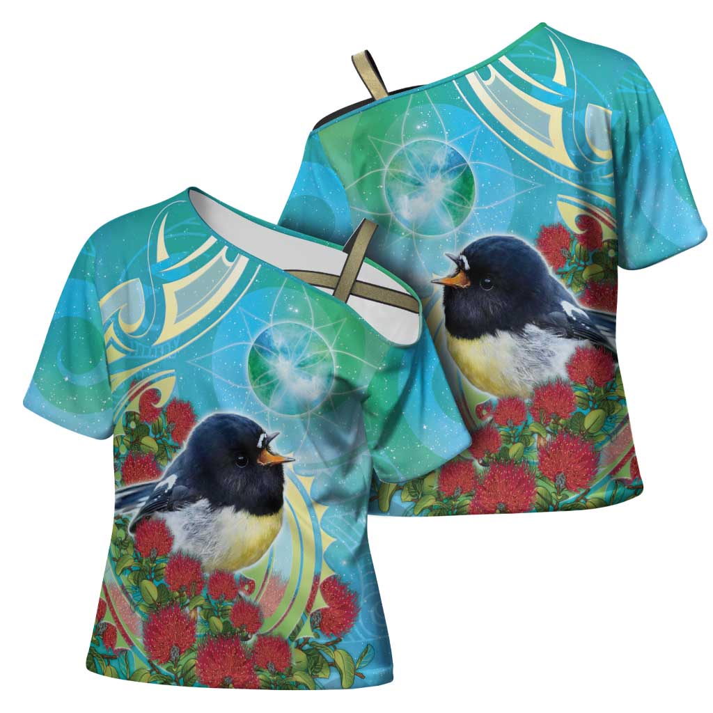 New Zealand Tomtit Cross Shoulder Shirt Maori Koru With Pohutukawa Galaxy Style - Polynesian Pride