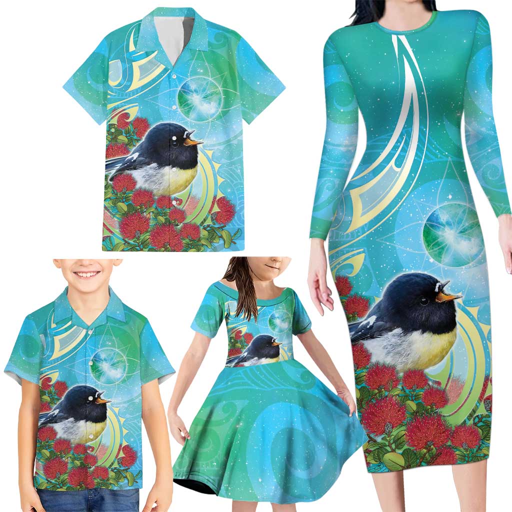 New Zealand Tomtit Family Matching Long Sleeve Bodycon Dress and Hawaiian Shirt Maori Koru With Pohutukawa Galaxy Style LT05 - Polynesian Pride