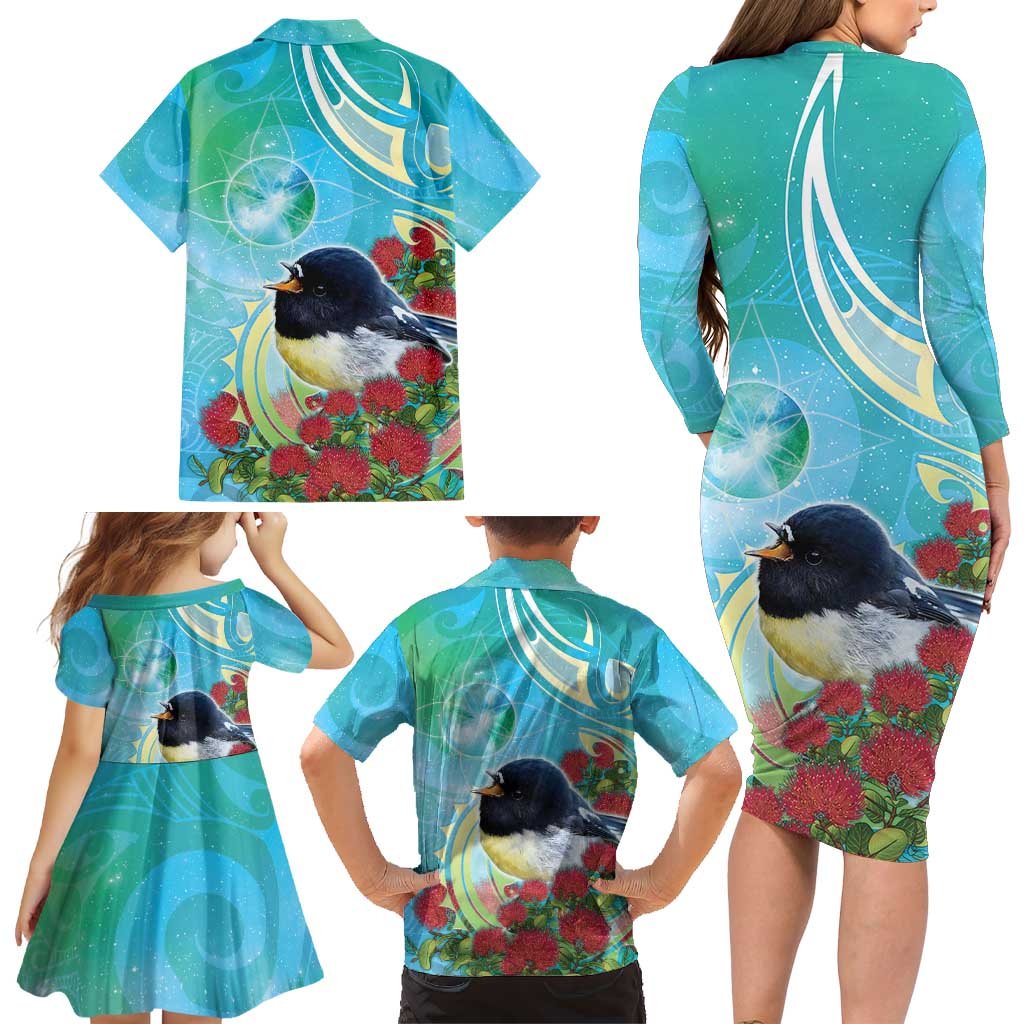 New Zealand Tomtit Family Matching Long Sleeve Bodycon Dress and Hawaiian Shirt Maori Koru With Pohutukawa Galaxy Style LT05 - Polynesian Pride