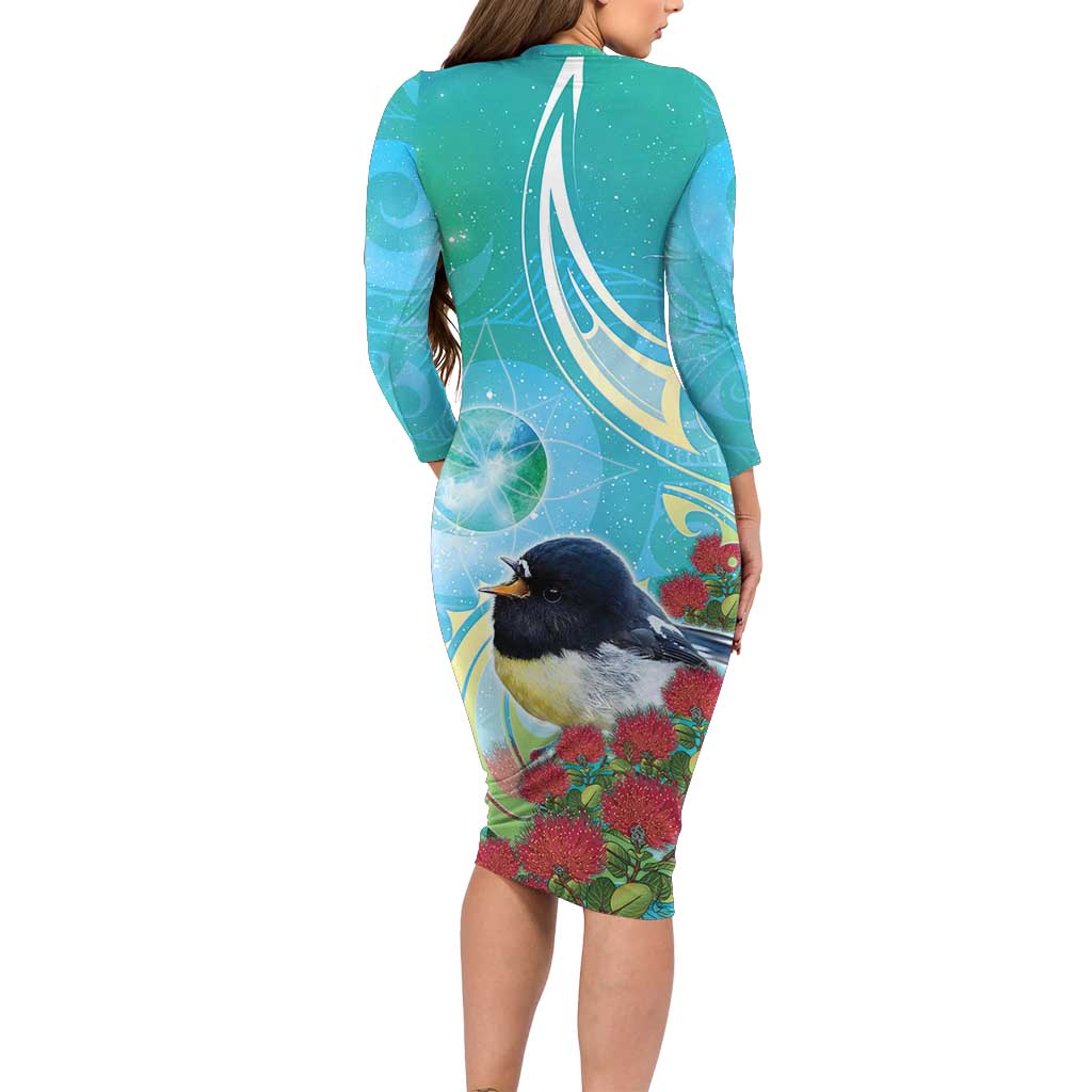 New Zealand Tomtit Family Matching Long Sleeve Bodycon Dress and Hawaiian Shirt Maori Koru With Pohutukawa Galaxy Style LT05 - Polynesian Pride