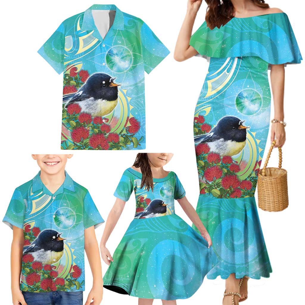New Zealand Tomtit Family Matching Mermaid Dress and Hawaiian Shirt Maori Koru With Pohutukawa Galaxy Style LT05 - Polynesian Pride