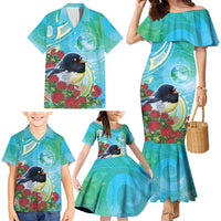 New Zealand Tomtit Family Matching Mermaid Dress and Hawaiian Shirt Maori Koru With Pohutukawa Galaxy Style LT05 - Polynesian Pride