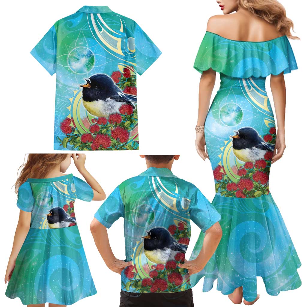 New Zealand Tomtit Family Matching Mermaid Dress and Hawaiian Shirt Maori Koru With Pohutukawa Galaxy Style LT05 - Polynesian Pride