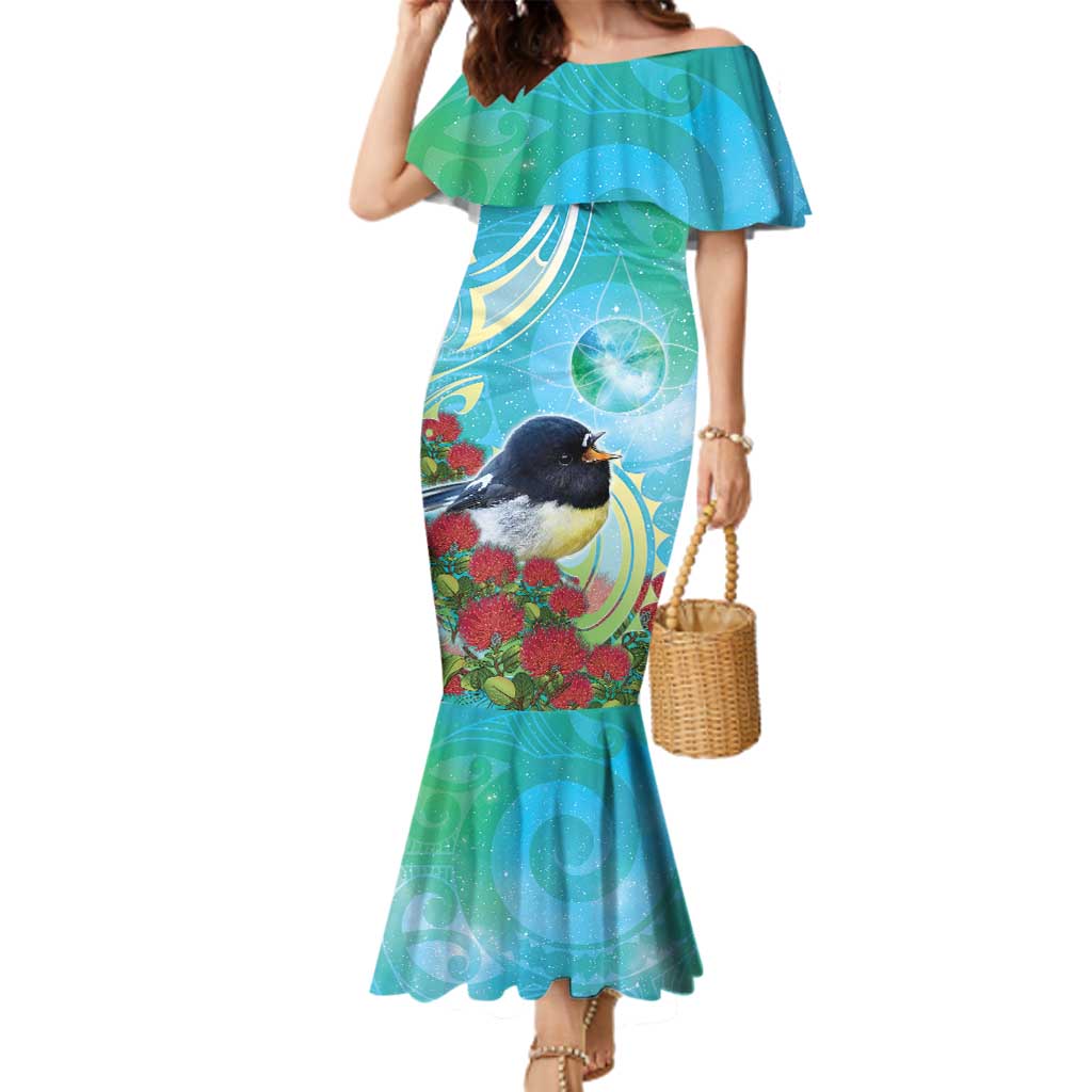 New Zealand Tomtit Family Matching Mermaid Dress and Hawaiian Shirt Maori Koru With Pohutukawa Galaxy Style LT05 Mom's Dress Aqua - Polynesian Pride
