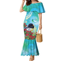 New Zealand Tomtit Family Matching Mermaid Dress and Hawaiian Shirt Maori Koru With Pohutukawa Galaxy Style LT05 Mom's Dress Aqua - Polynesian Pride