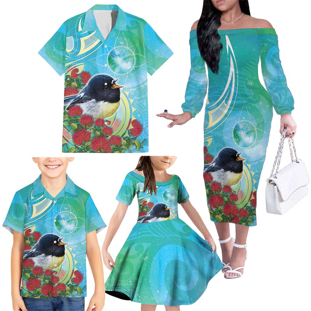 New Zealand Tomtit Family Matching Off The Shoulder Long Sleeve Dress and Hawaiian Shirt Maori Koru With Pohutukawa Galaxy Style LT05 - Polynesian Pride
