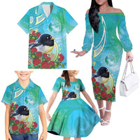 New Zealand Tomtit Family Matching Off The Shoulder Long Sleeve Dress and Hawaiian Shirt Maori Koru With Pohutukawa Galaxy Style LT05 - Polynesian Pride
