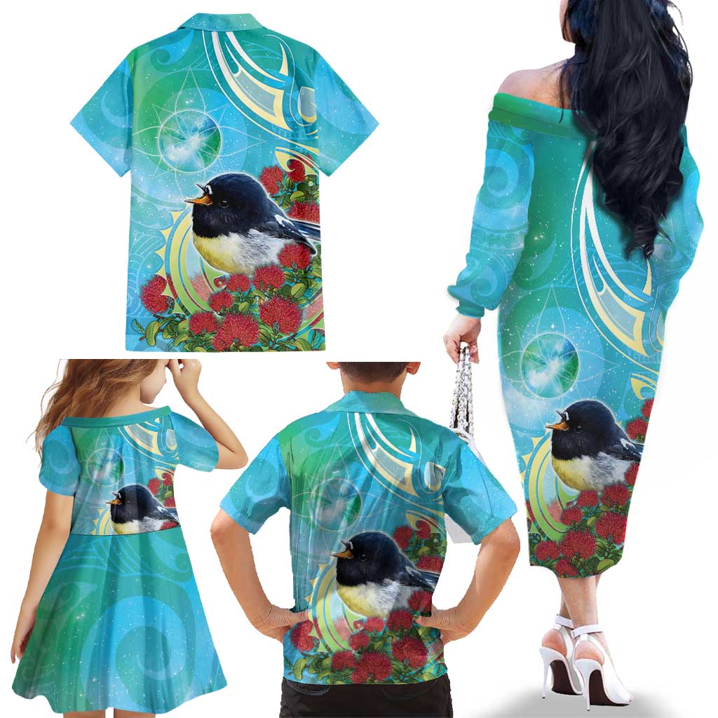 New Zealand Tomtit Family Matching Off The Shoulder Long Sleeve Dress and Hawaiian Shirt Maori Koru With Pohutukawa Galaxy Style LT05 - Polynesian Pride