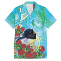 New Zealand Tomtit Family Matching Off The Shoulder Long Sleeve Dress and Hawaiian Shirt Maori Koru With Pohutukawa Galaxy Style LT05 Dad's Shirt - Short Sleeve Aqua - Polynesian Pride