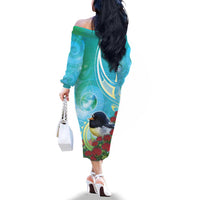 New Zealand Tomtit Family Matching Off The Shoulder Long Sleeve Dress and Hawaiian Shirt Maori Koru With Pohutukawa Galaxy Style LT05 - Polynesian Pride