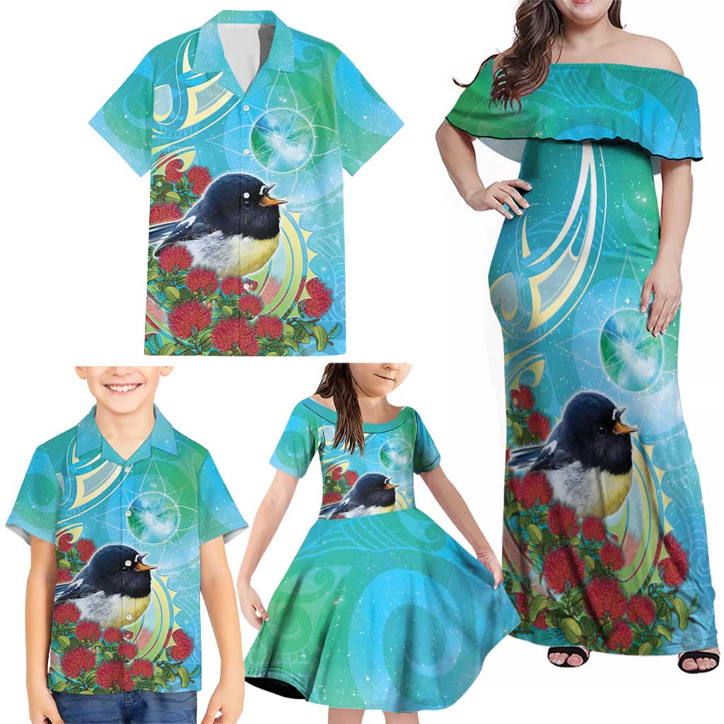 New Zealand Tomtit Family Matching Off Shoulder Maxi Dress and Hawaiian Shirt Maori Koru With Pohutukawa Galaxy Style LT05 - Polynesian Pride