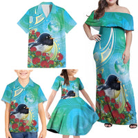 New Zealand Tomtit Family Matching Off Shoulder Maxi Dress and Hawaiian Shirt Maori Koru With Pohutukawa Galaxy Style LT05 - Polynesian Pride