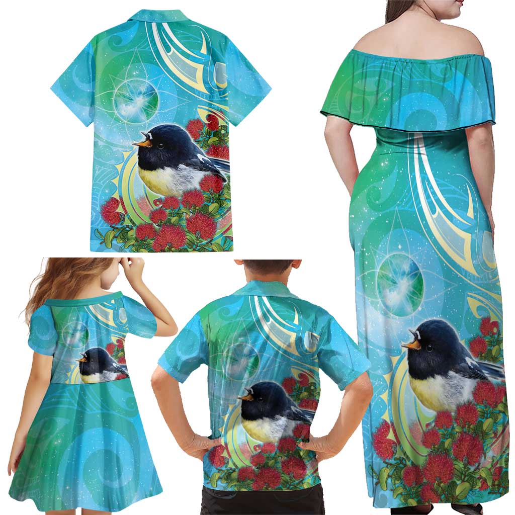 New Zealand Tomtit Family Matching Off Shoulder Maxi Dress and Hawaiian Shirt Maori Koru With Pohutukawa Galaxy Style LT05 - Polynesian Pride