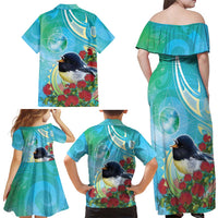 New Zealand Tomtit Family Matching Off Shoulder Maxi Dress and Hawaiian Shirt Maori Koru With Pohutukawa Galaxy Style LT05 - Polynesian Pride