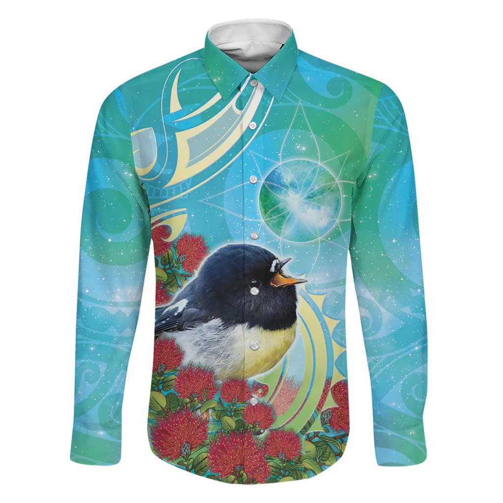 New Zealand Tomtit Family Matching Off Shoulder Maxi Dress and Hawaiian Shirt Maori Koru With Pohutukawa Galaxy Style LT05 Dad's Shirt - Long Sleeve Aqua - Polynesian Pride