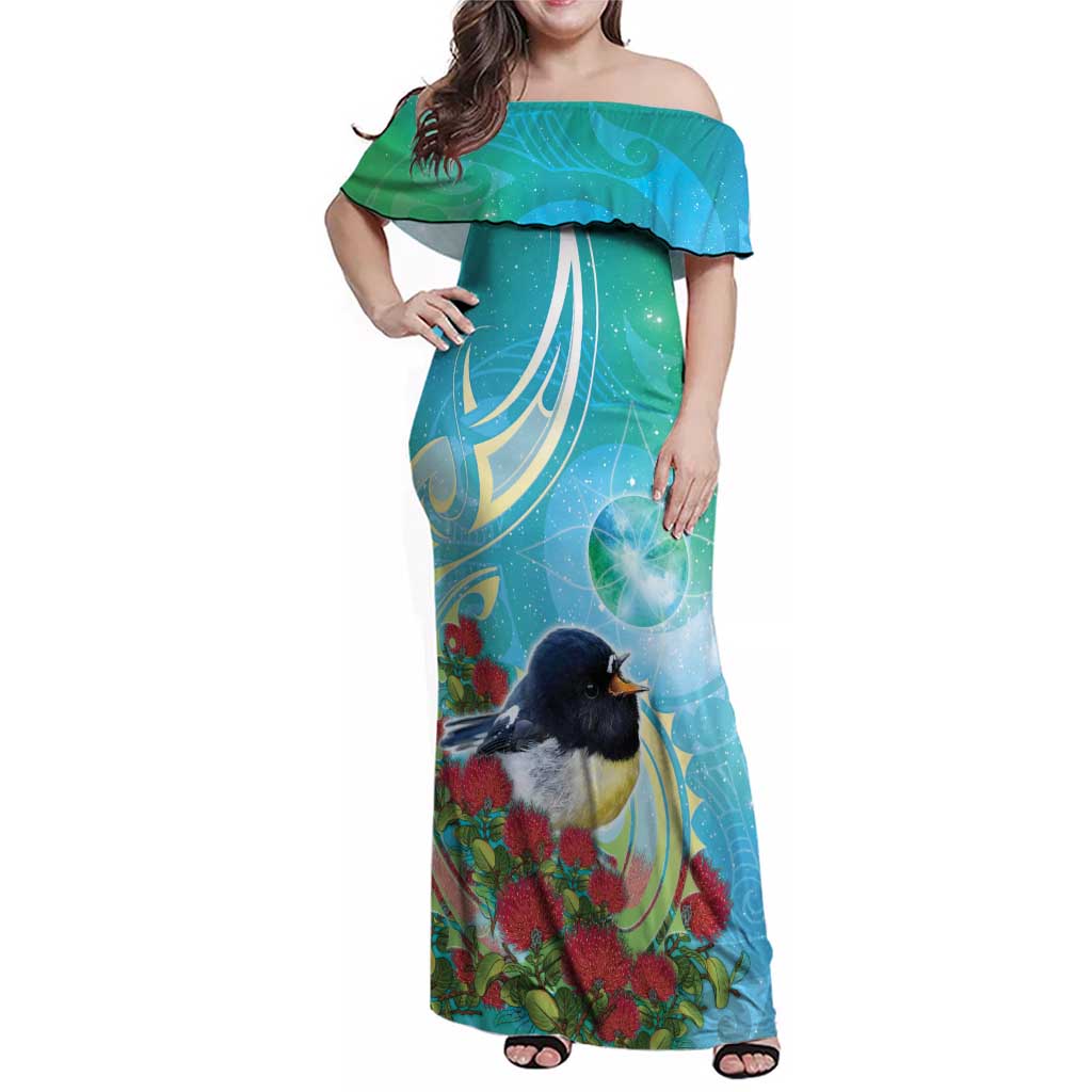 New Zealand Tomtit Family Matching Off Shoulder Maxi Dress and Hawaiian Shirt Maori Koru With Pohutukawa Galaxy Style LT05 Mom's Dress Aqua - Polynesian Pride