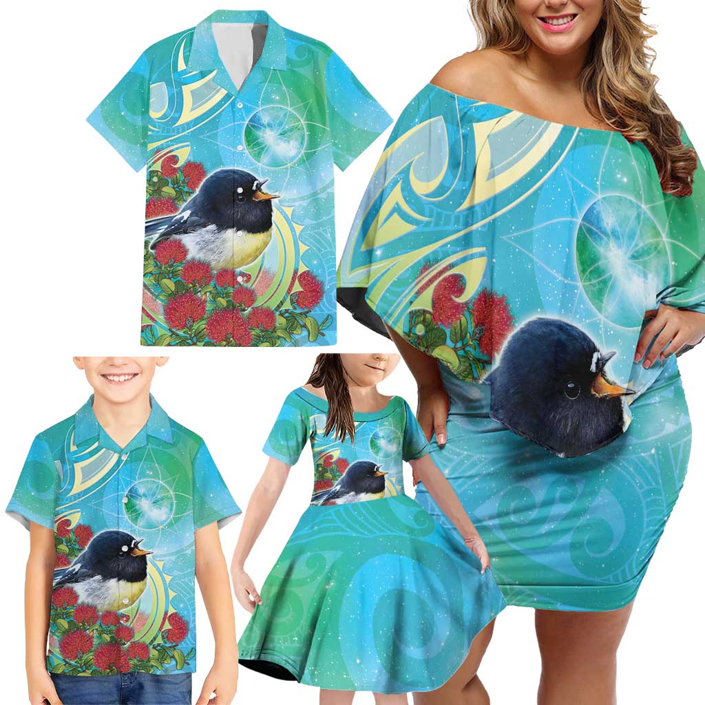New Zealand Tomtit Family Matching Off Shoulder Short Dress and Hawaiian Shirt Maori Koru With Pohutukawa Galaxy Style LT05 - Polynesian Pride