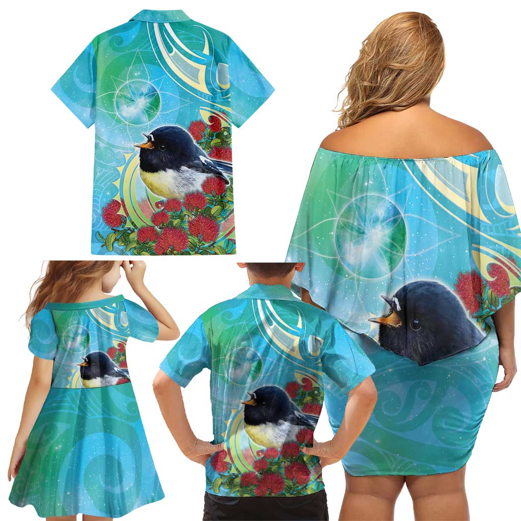New Zealand Tomtit Family Matching Off Shoulder Short Dress and Hawaiian Shirt Maori Koru With Pohutukawa Galaxy Style LT05 - Polynesian Pride