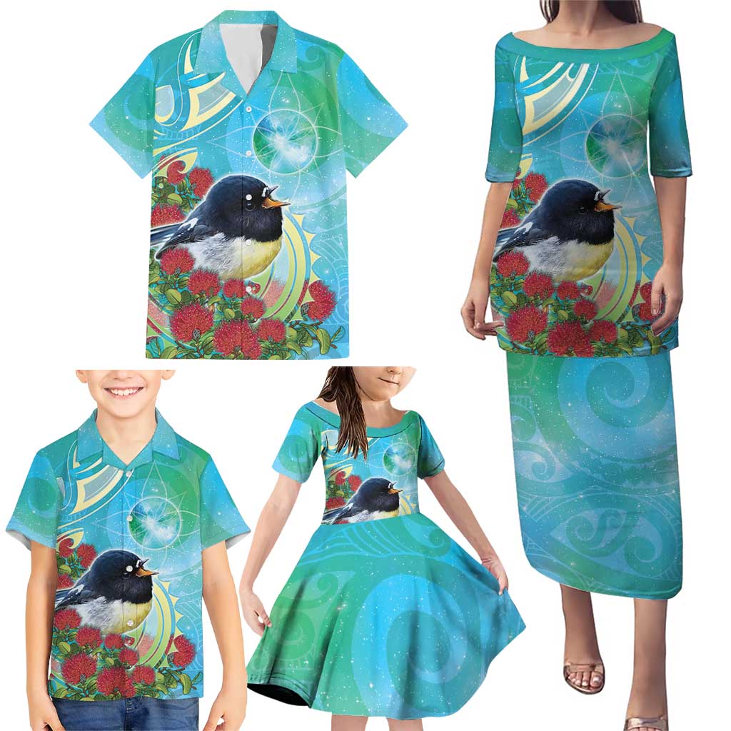 New Zealand Tomtit Family Matching Puletasi and Hawaiian Shirt Maori Koru With Pohutukawa Galaxy Style LT05 - Polynesian Pride